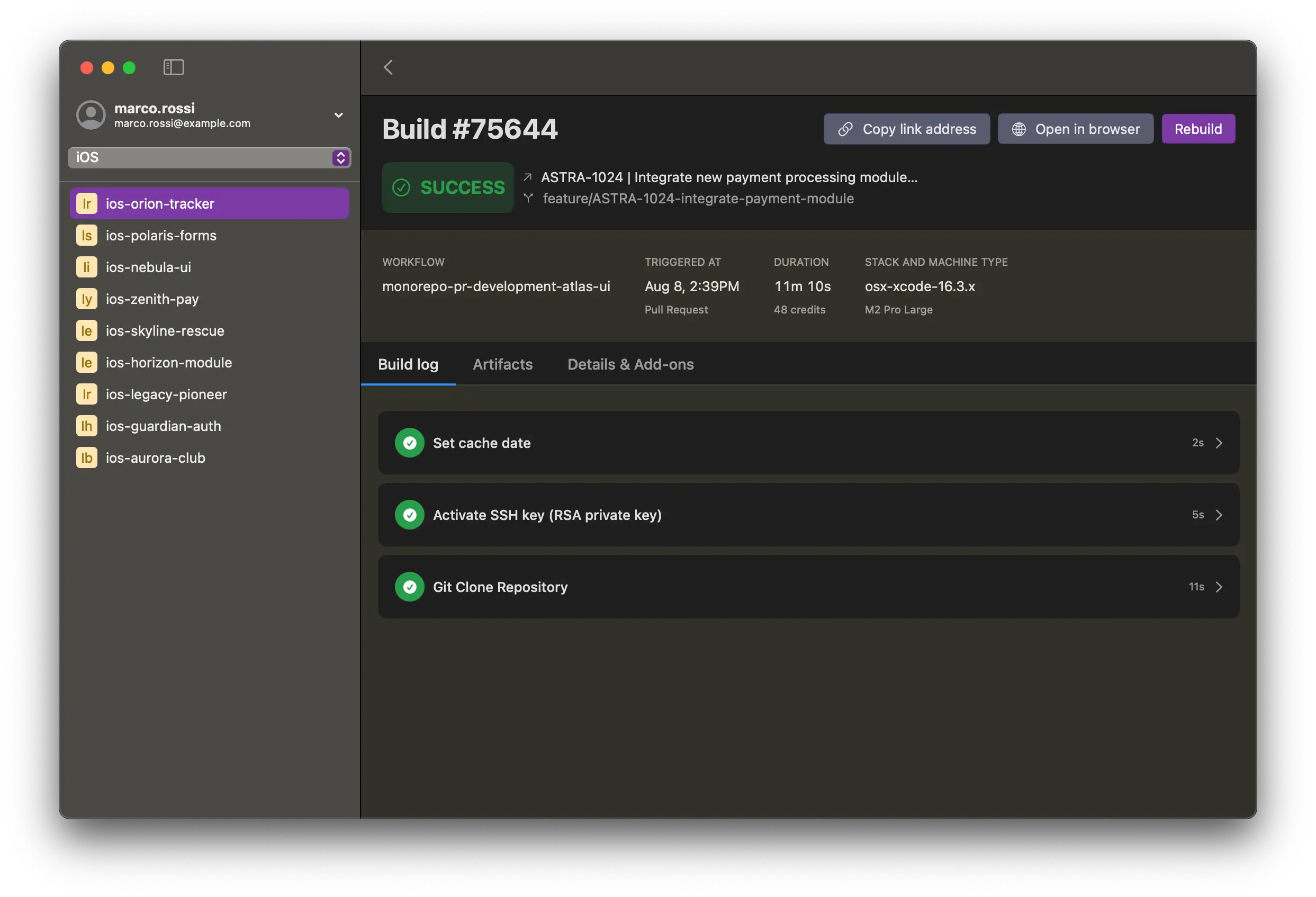 Build details view (dark)